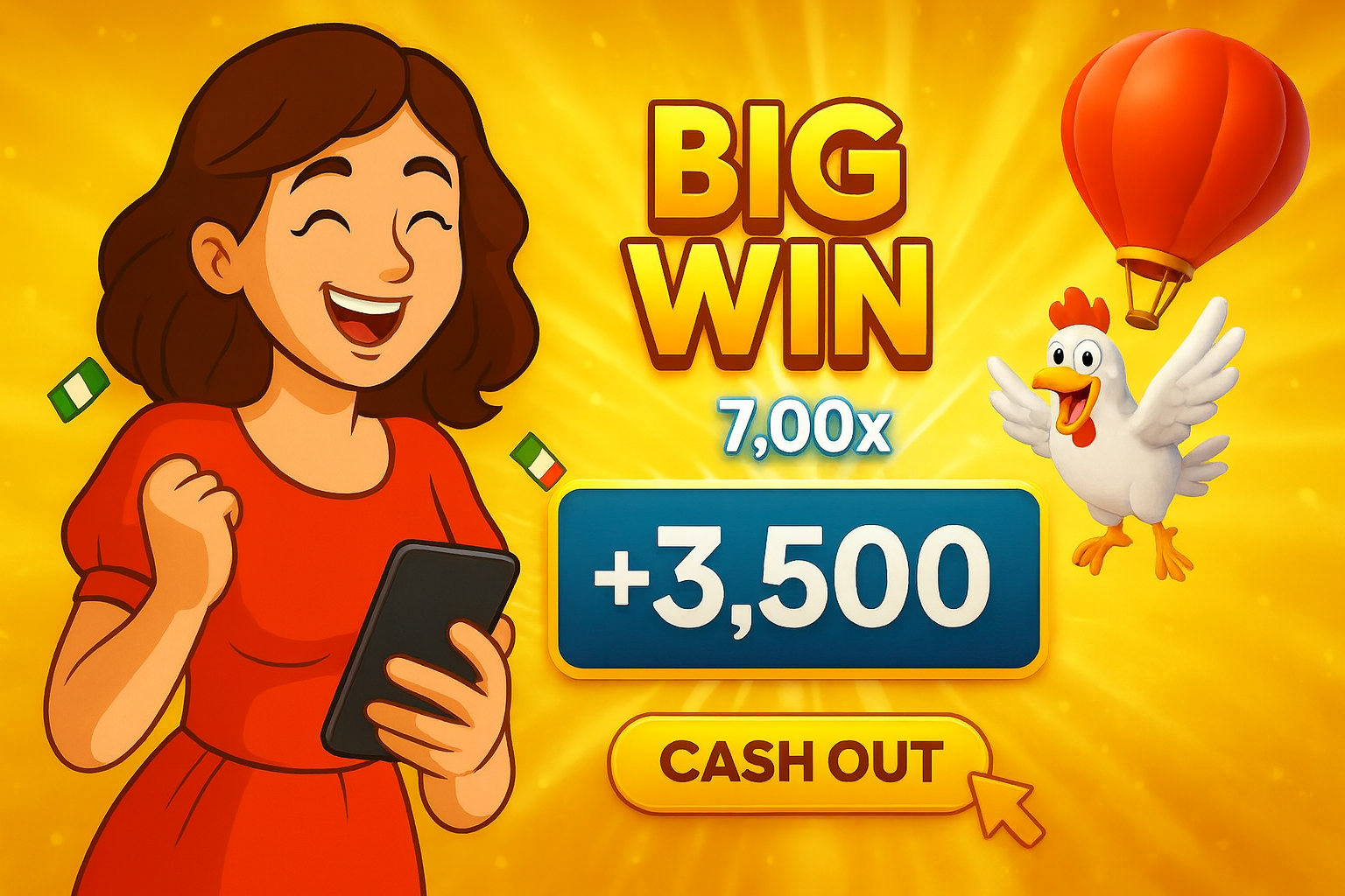 Excited woman holding phone next to BIG WIN message, 7.00x multiplier, +3,500 win and cartoon chicken.