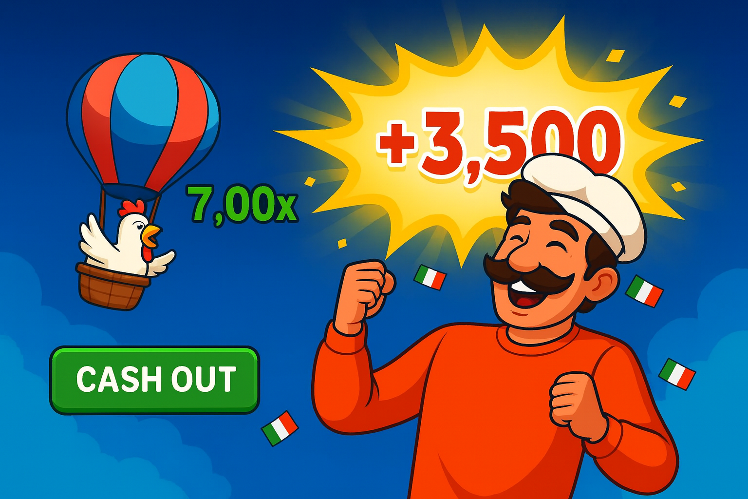 Happy man cheering with fists up as cartoon chicken in a balloon shows +3,500 win and 7.00x multiplier.