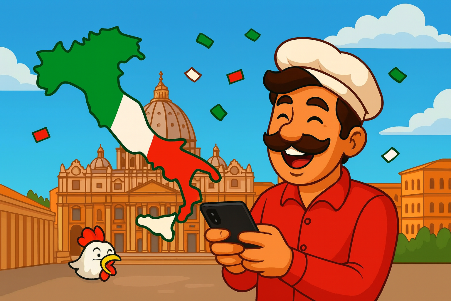 Smiling man using a smartphone with a map of Bangladesh and cartoon chicken overlaid in the background.