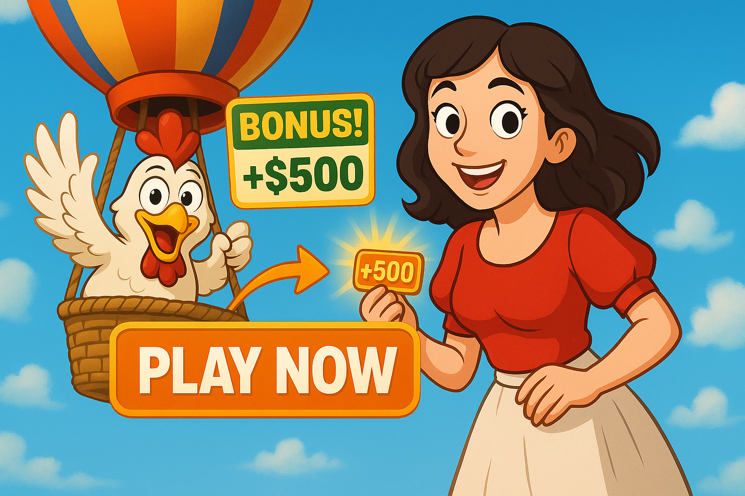Smiling woman in red bikini holding a +500 bonus card next to a cartoon chicken in a hot air balloon promoting a casino bonus.